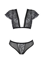 Комплект Passion LEAFA BIKINI black S/M, бюстгальтер-топ з рукавчиками, стрінги-шортики з вирізом