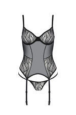 Корсет Passion LEAFA CORSET black S/M, м'які чашки, затискачі для панчіх, стрінги в комплекті