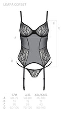 Корсет Passion LEAFA CORSET black, XXL/XXXL, м'які чашки, затискачі для панчіх, стрінги в комплекті