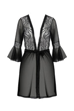 Пеньюар Passion LEAFA PEIGNOIR black S/M, довжина трохи вище коліна, широкі рукави, зав'язується на пояс
