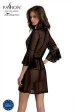 Пеньюар Passion LEAFA PEIGNOIR black S/M, довжина трохи вище коліна, широкі рукави, зав'язується на пояс