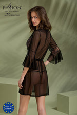 Пеньюар Passion LEAFA PEIGNOIR black, XXL/XXXL, довжина трохи вище коліна, широкі рукави, зав'язується на пояс