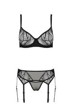 Комплект Passion LEAFA SET black, XXL/XXXL, мереживо+сітка, бюстгальтер на кісточках, стрінги, пояс для панчіх