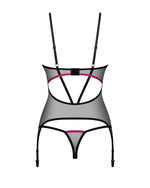 Корсет Obsessive Novenes corset & thong, XL/2XL, прозорий, відкрита спина, стрінги в комплекті
