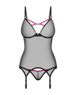 Корсет Obsessive Novenes corset & thong, XL/2XL, прозорий, відкрита спина, стрінги в комплекті