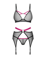 Комплект Obsessive Novenes 3-pcs set, XL/2XL, прозорий ліф на кісточках, стрінги, пояс