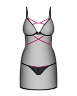 Пеньюар Obsessive Novenes chemise & thong, XL/2XL, обтислий, прозорий, зі стрепами, стрінги в компле
