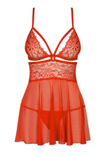 Бебі-дол Obsessive 838-BAB-3 babydoll & thong, L/XL, червоний, мереживний ліф, стрінги в комплекті