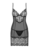 Сорочка Obsessive Alluria chemise & thong, S/M, чорна, мереживо+мікросітка, стрінги в комплекті