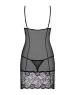 Сорочка Obsessive Alluria chemise & thong, L/XL, чорна, мереживо+мікросітка, стрінги в комплекті
