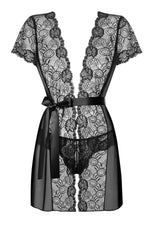 Пеньюар Obsessive Alluria peignoir & thong, S/M, прозорий, з мереживом, пояс, трусики в комплекті