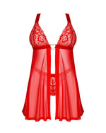 Бебі-дол Obsessive Elianes babydoll & thong, XS/S, червоний, мереживний ліф, трусики-танга в наборі