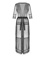 Пеньюар Obsessive Estiqua peignoir, XL/2XL, чорний, прозорий, на поясі, довжина до щиколоток