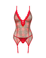 Корсет Obsessive Jollymore corset, XS/S, у клітинку, з мереживом, пажі для панчіх, стрінги в комплекті