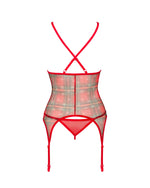 Корсет Obsessive Jollymore corset, XS/S, у клітинку, з мереживом, пажі для панчіх, стрінги в комплекті