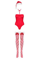 Тедді Obsessive Kissmas teddy, L/XL, червоне, без бретелей, чокер, панчохи та шапка з помпоном у наборі