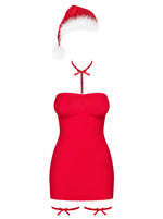 Сорочка Obsessive Kissmas chemise, L/XL, червона, чокер, гартери та шапочка з помпоном у комплекті