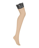 Панчохи Obsessive Nutris stockings, XS/S, тілесні, з чорним мереживом, під пояс