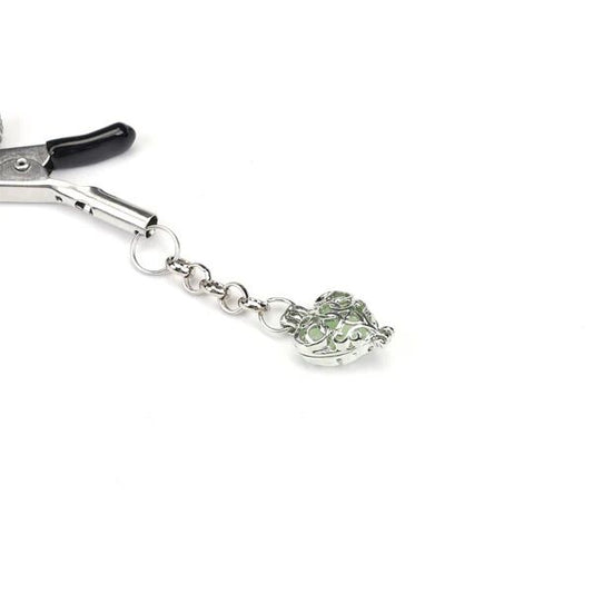 Затискачі для сосків із сердечком Liebe Seele Glow-in-dark Nipple Clamps Green, світяться в темряві