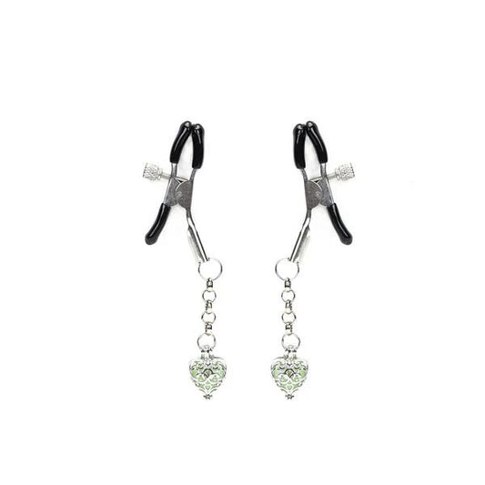 Затискачі для сосків із сердечком Liebe Seele Glow-in-dark Nipple Clamps Green, світяться в темряві