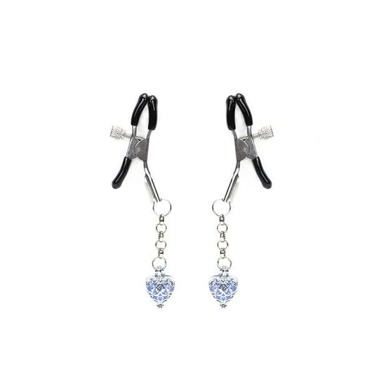 Затискачі для сосків із сердечком Liebe Seele Glow-in-dark Nipple Clamps Blue, світяться в темряві