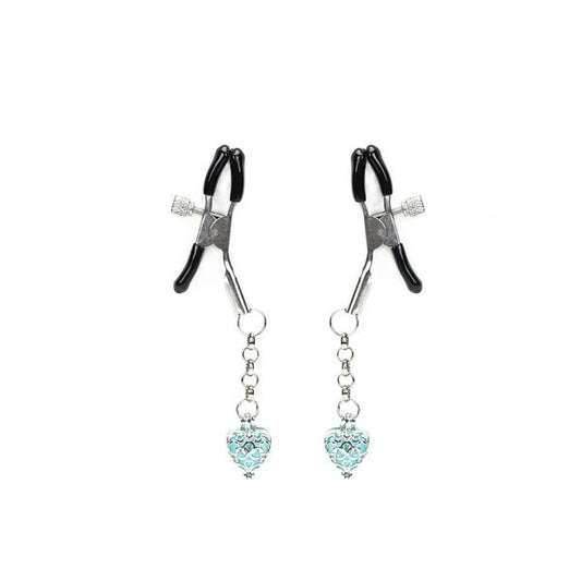 Затискачі для сосків із сердечком Liebe Seele Glow-in-dark Nipple Clamps Light Blue, світяться в темряві