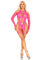 Бодістокінг Leg Avenue Fishnet Garter Harness and Teddy One Size Neon Pink