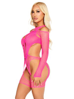 Бодістокінг Leg Avenue Fishnet Garter Harness and Teddy One Size Neon Pink