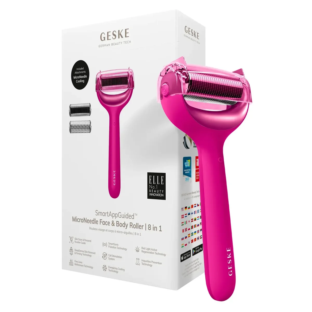 Електронний ролер для обличчя та тіла з мікроголками GESKE MicroNeedle Face&Body Roller 8в1 magenta