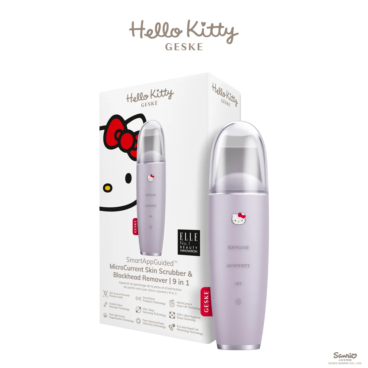 Мікрострумовий скрабер для шкіри і усунення чорних точок GESKE MicroCurrent Skin Scrubber&Blackhead Remover 9в1 Hello Kitty purple
