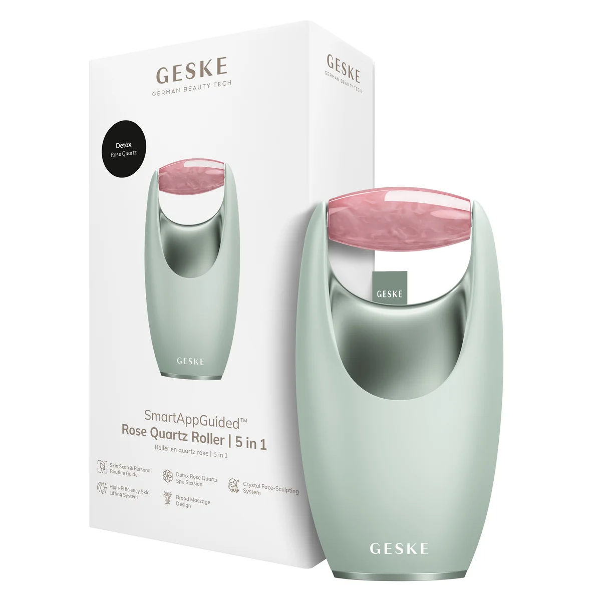 Ролер-масажер для обличчя з рожевим кварцом GESKE SmartAppGuided Rose Quartz Roller 5in1 green