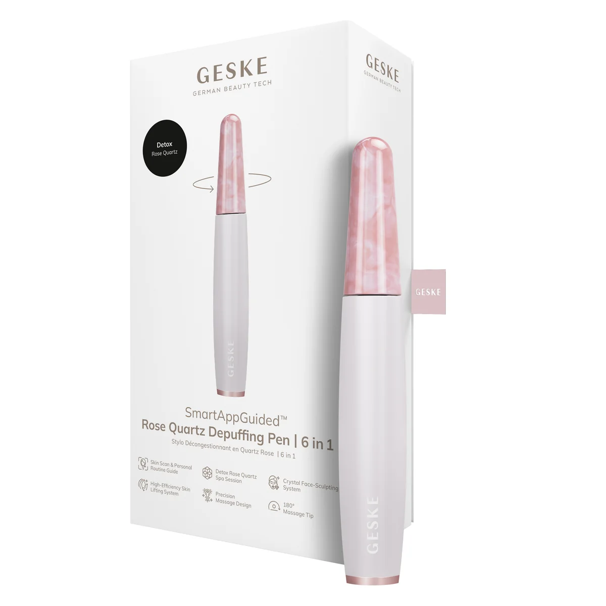 Ручка-масажер для обличчя з рожевим кварцом GESKE SmartAppGuided Rose Quartz & Depuffing Pen 6in1 starlight