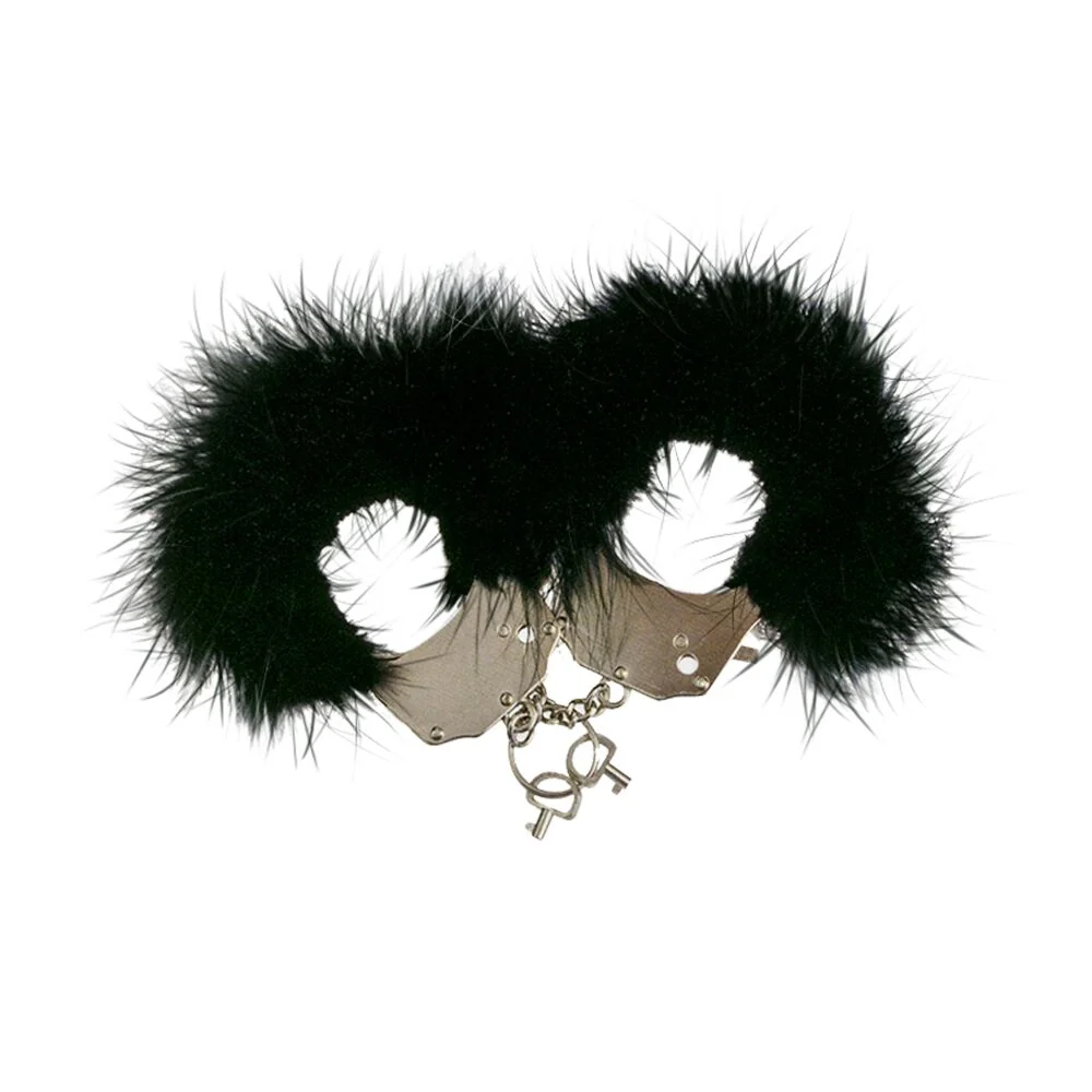 Наручники металеві Adrien Lastic Handcuffs Black з чорним пухнастим оздобленням