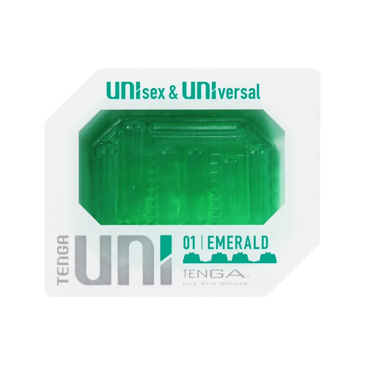 Унісекс-стимулятор Tenga UNI Emerald, зелений, з геометричним рельєфом, лубрикант у комплекті