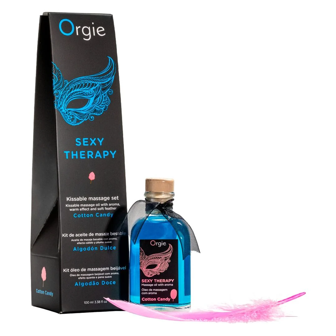 Набір для масажу Orgie – Sexy Therapy Cotton Candy, їстівна розігрівальна олія + пір’їнка
