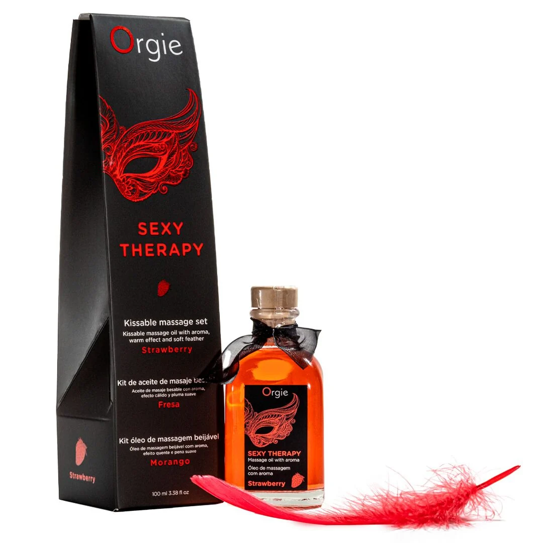 Набір для масажу Orgie – Sexy Therapy Strawberry, їстівна розігрівальна олія + пір’їнка