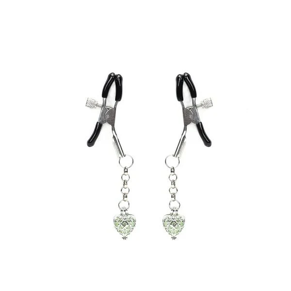 Затискачі для сосків із сердечком Liebe Seele Glow-in-dark Nipple Clamps Green, світяться в темряві