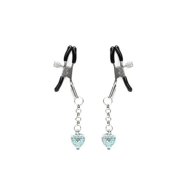 Затискачі для сосків із сердечком Liebe Seele Glow-in-dark Nipple Clamps Light Blue, світяться в темряві